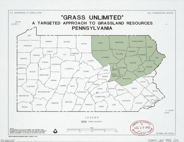 Plakat mit der Überschrift "Grass Unlimited: Ein zielgerichteter Ansatz für Grassland-Ressourcen" mit einer Karte von Pennsylvania in Grünschattierungen und fetter schwarzer Schrift.