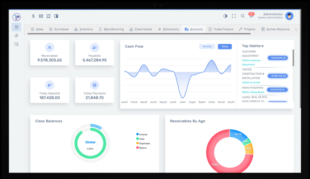 Bildschirm eines Laptops, der ein Finanzmanagement-Dashboard mit Grafiken und Text auf einem weißen Hintergrund mit einem blauen Kopfzeile anzeigt.