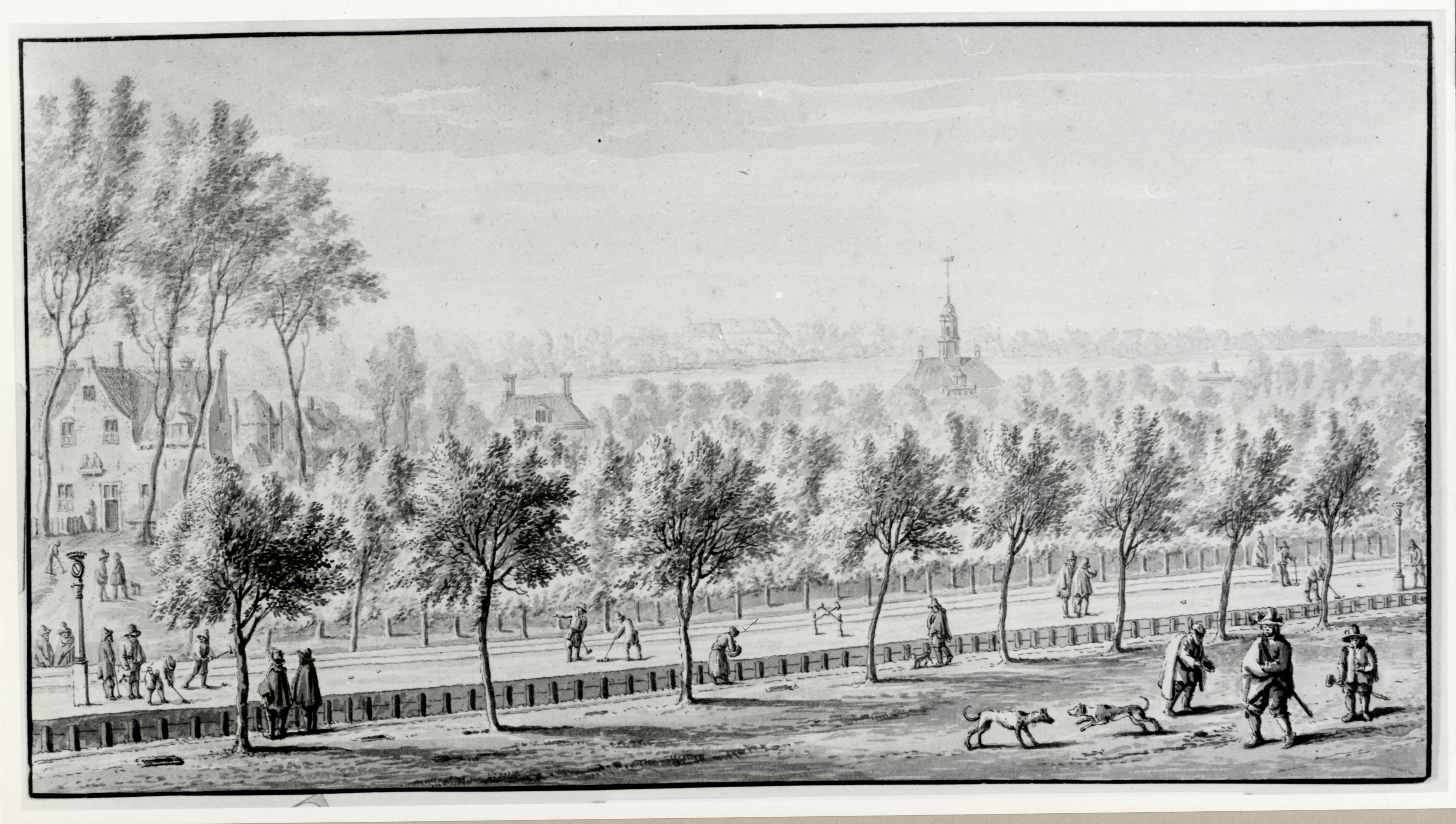 Schwarze und weiße Zeichnung eines Parks mit Menschen, Hunden, Bäumen und Gebäuden im Hintergrund.