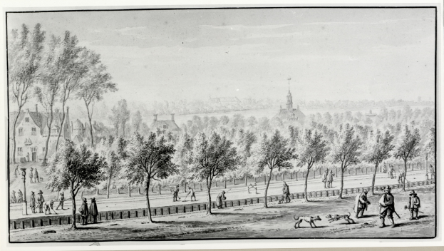 Schwarze und weiße Zeichnung eines Parks mit Menschen, Hunden, Bäumen und Gebäuden im Hintergrund.
