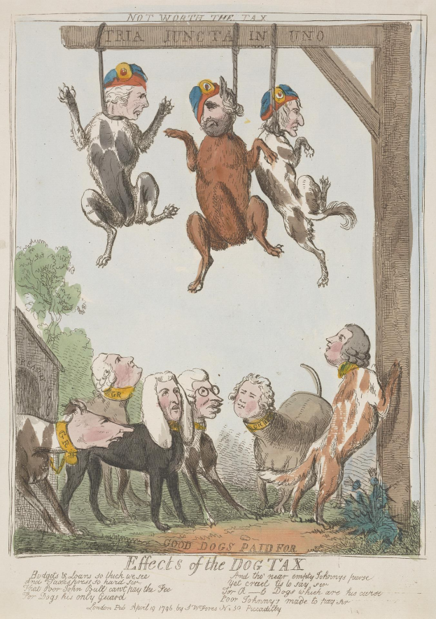 Ein Blatt mit einer Zeichnung von Menschen und Tieren, einschließlich eines Hundes, der an einem Holzpfahl hängt, und einige Schrift, die wahrscheinlich die Auswirkungen einer Hundegebühr beschreibt.