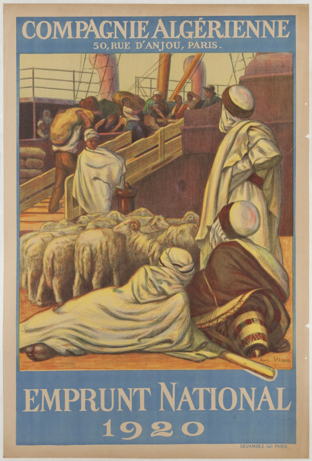 Plakat für die nationale Emprunt-Veranstaltung 1920 mit einer Gruppe von Menschen und Tieren und Text mit Ereignisdetails.