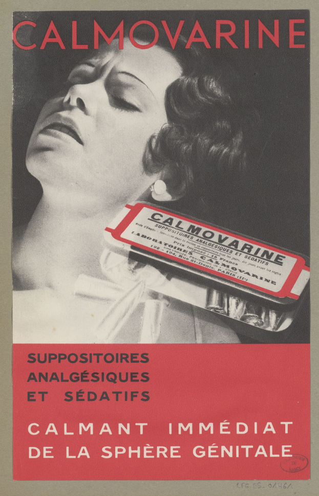 Poster featuring a woman with eyes closed, serene expression, and hair in a bun, surrounded by bold text advertising "Calmovarine - Calmant Immediate de la Sphere Genitale".