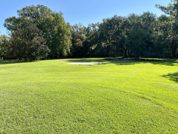 Luftaufnahme des 18. Lochs auf einem Golfclub in Charleston, SC, mit saftig grünen Fairways, verstreuten Bäumen und einem klaren Himmel als Hintergrund.