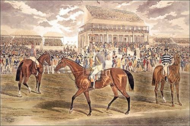 GemÀlde mit dem Titel "Kentucky Derby" von William Hogarth, das drei Jockeys auf Pferden vor einer Menge zeigt, mit einem GebÀude und Wolken im Hintergrund, gerahmt.