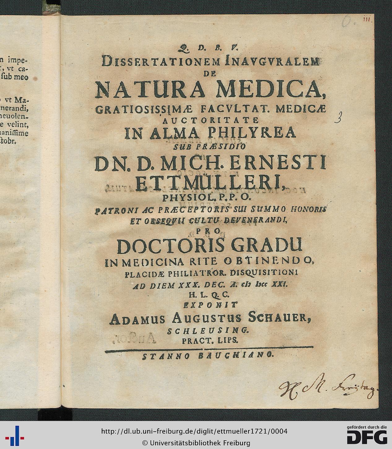Open book titled "Dissertationen in Inaugvraalem de Natura Medica, Gratisissima Facultat, Medica in Alma Philyrea" with light blue cover, white border, and medical staff illustration in top right corner.