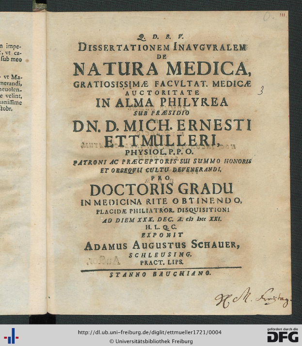 Open book titled "Dissertationen in Inaugvraalem de Natura Medica, Gratisissima Facultat, Medica in Alma Philyrea" with light blue cover, white border, and medical staff illustration in top right corner.