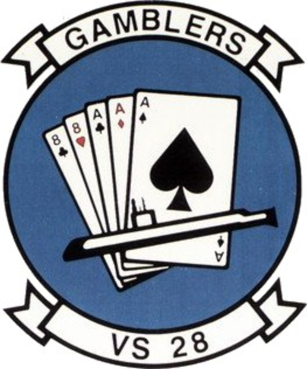 Blaues und weißes Logo mit dem Text "Gamblers vs 28", das Spielkarten und einen Stock zeigt, wahrscheinlich für ein Glücksspiel.