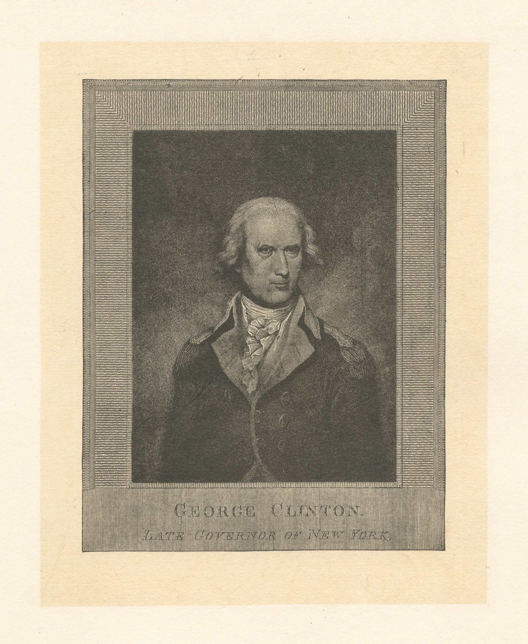 Porträt von George Clinton, dem verstorbenen Gouverneur von New York, in einem Anzug mit ernstem Gesichtsausdruck, der direkt in die Kamera schaut; Text unten lautet 'George Clinton'.