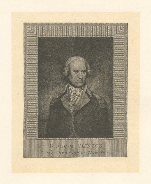 Porträt von George Clinton, dem verstorbenen Gouverneur von New York, in einem Anzug mit ernstem Gesichtsausdruck, der direkt in die Kamera schaut; Text unten lautet 'George Clinton'.