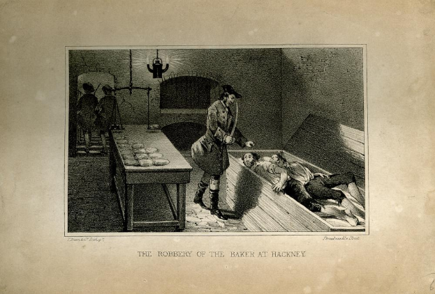 Schwarz-weiß-Illustration eines Mannes mit einem Messer, der neben einem Bett mit zwei Personen und einem Tisch mit Gegenständen auf der linken Seite und Hintergrundfiguren steht, mit Text unten: "Der Überfall auf den Bäcker in Hackney."