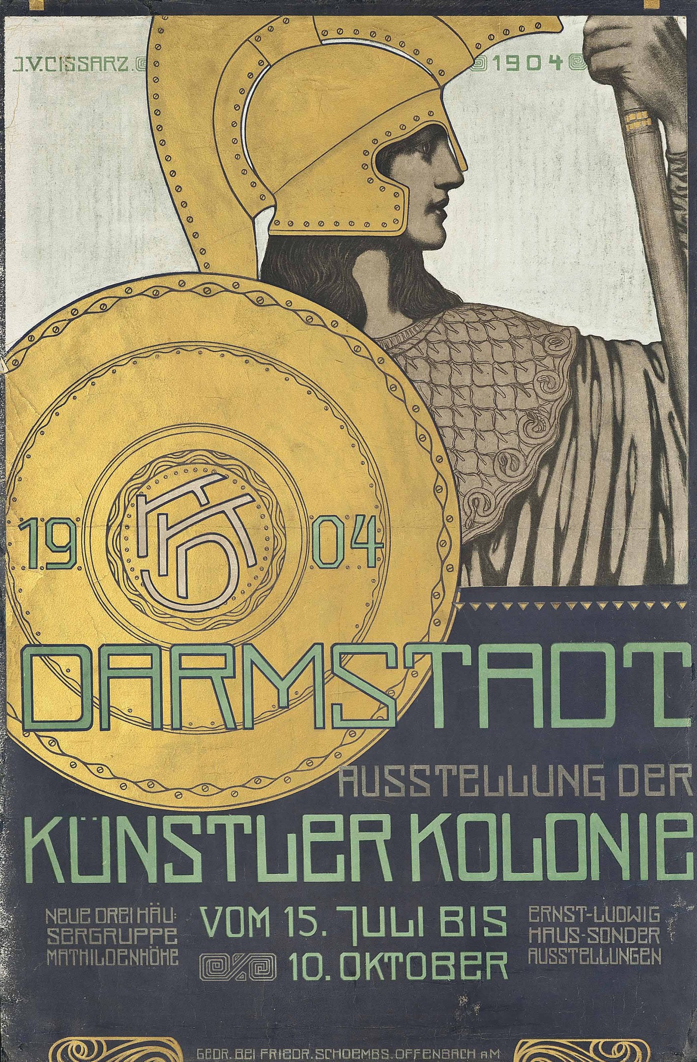 Poster for a 1904 Berlin concert featuring a person in a helmet holding a shield, with "Darmstadt" and "Künstler Kolonie" in bold text.