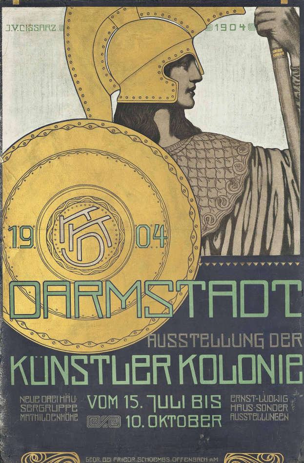 Poster for a 1904 Berlin concert featuring a person in a helmet holding a shield, with "Darmstadt" and "Künstler Kolonie" in bold text.