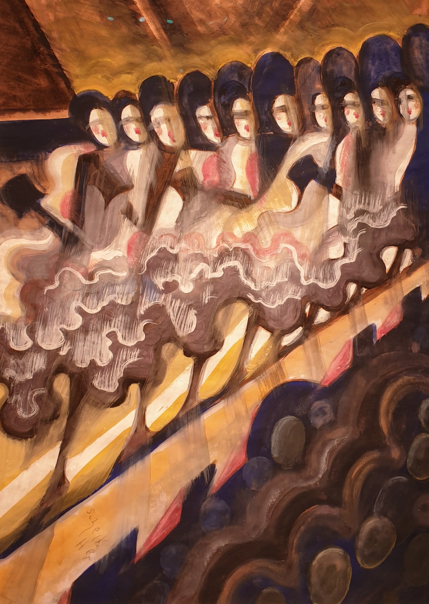 Gemälde von Frauen in bunten Kleidern, die auf einer Bühne tanzen und die Arme erhoben haben, vor einer Wand in einer lebendigen Atmosphäre.