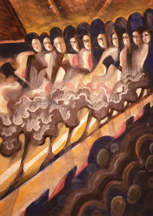 Gemälde von Frauen in bunten Kleidern, die auf einer Bühne tanzen und die Arme erhoben haben, vor einer Wand in einer lebendigen Atmosphäre.