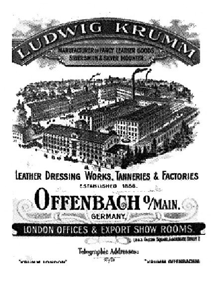Advertisement for Ludwig Krumm Leather Dressing Works, Tanneries & Factories in Offenbach, Germany, showing a black and white image of a building with text on it.
