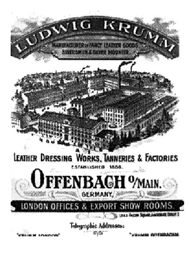 Advertisement for Ludwig Krumm Leather Dressing Works, Tanneries & Factories in Offenbach, Germany, showing a black and white image of a building with text on it.
