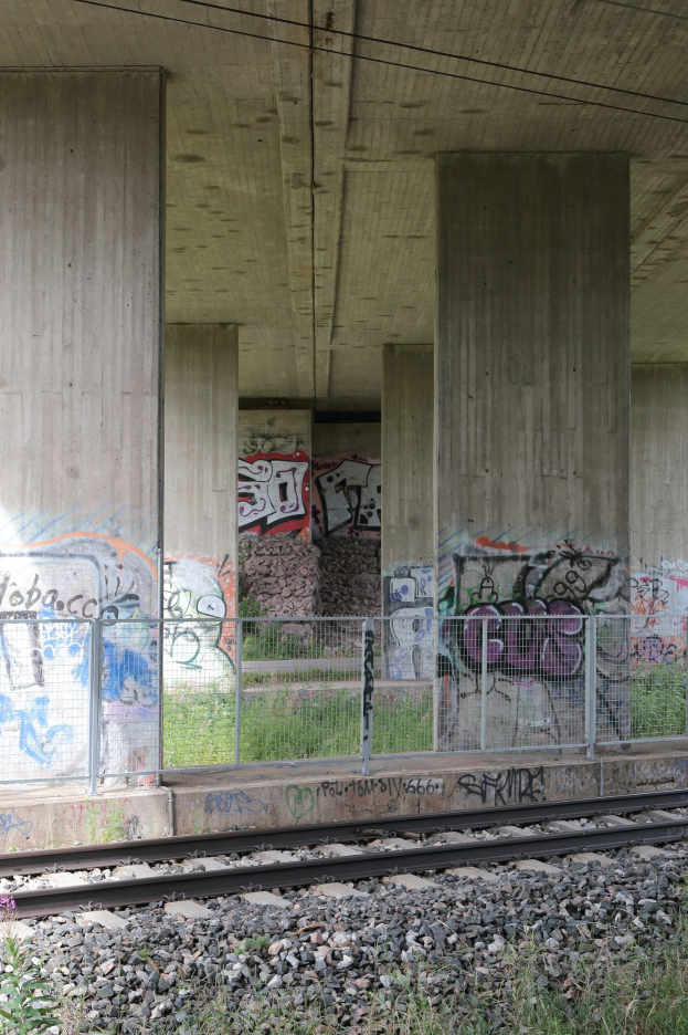Schienenstrang mit Graffiti an der Seite, von Steinen, Gras, einem Zaun, Säulen, Drähten und einem Dach umgeben