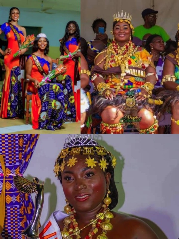 Eine Gruppe von Frauen in bunten Kleidern und Kronen posiert für ein Foto bei der Miss Nigeria Wahl 2019, mit einer lächelnden Frau in der Mitte, zwei Frauen mit Gegenständen in den Händen und anderen im Hintergrund, einschließlich einer Person mit einem Pokal und einer gekrönten Frau mit Schmuck.