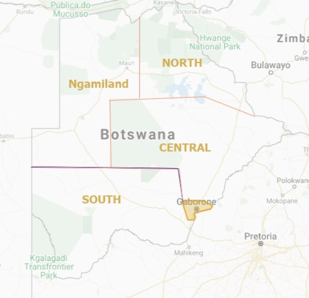 Detailierte Karte von Botswana Central, die die Straßen, Gebäude und Sehenswürdigkeiten der Stadt hervorhebt.