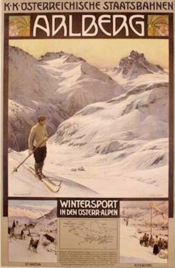 Plakat wirbt für einen Wintersport in den österreichischen Alpen, zeigt einen Skifahrer umgeben von Bildern von Menschen und Bergen mit Text.