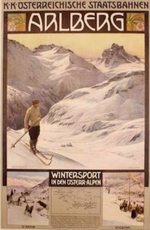 Plakat wirbt für einen Wintersport in den österreichischen Alpen, zeigt einen Skifahrer umgeben von Bildern von Menschen und Bergen mit Text.