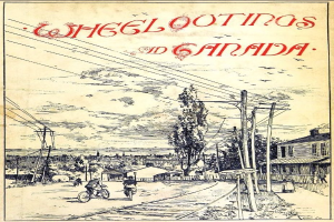 Bunte Plakatillustration von Menschen, die auf einem Bahngleis Fahrrad fahren, umgeben von Häusern, Bäumen, Strommasten, Drähten und Vögeln im Himmel, mit Text, der wahrscheinlich Radausflüge in Kanada bewirbt.