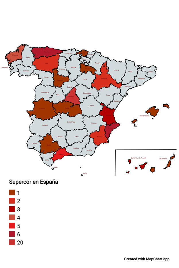 Farbcodierte Karte von Spanien, die den Prozentsatz der Menschen in jedem Gebiet zeigt, mit einer Seitenleiste, die die Anzahl der Krebsdiagnosen auflistet.