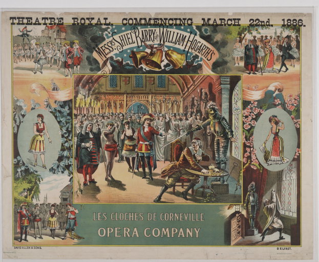 Plakat für die Eröffnung des Theatre Royal am 22. März 1886, das kostümierte Schauspieler und Veranstaltungseinzelheiten zeigt.