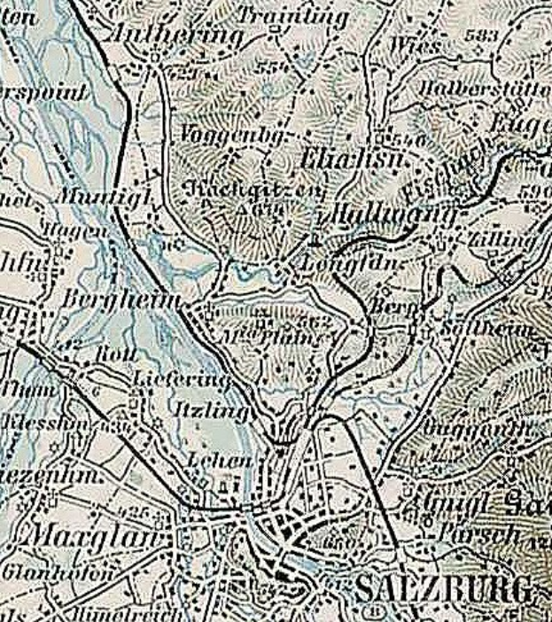 Detailed old map of Salzburg, Austria, displaying streets, buildings, landmarks, and text with additional city information.