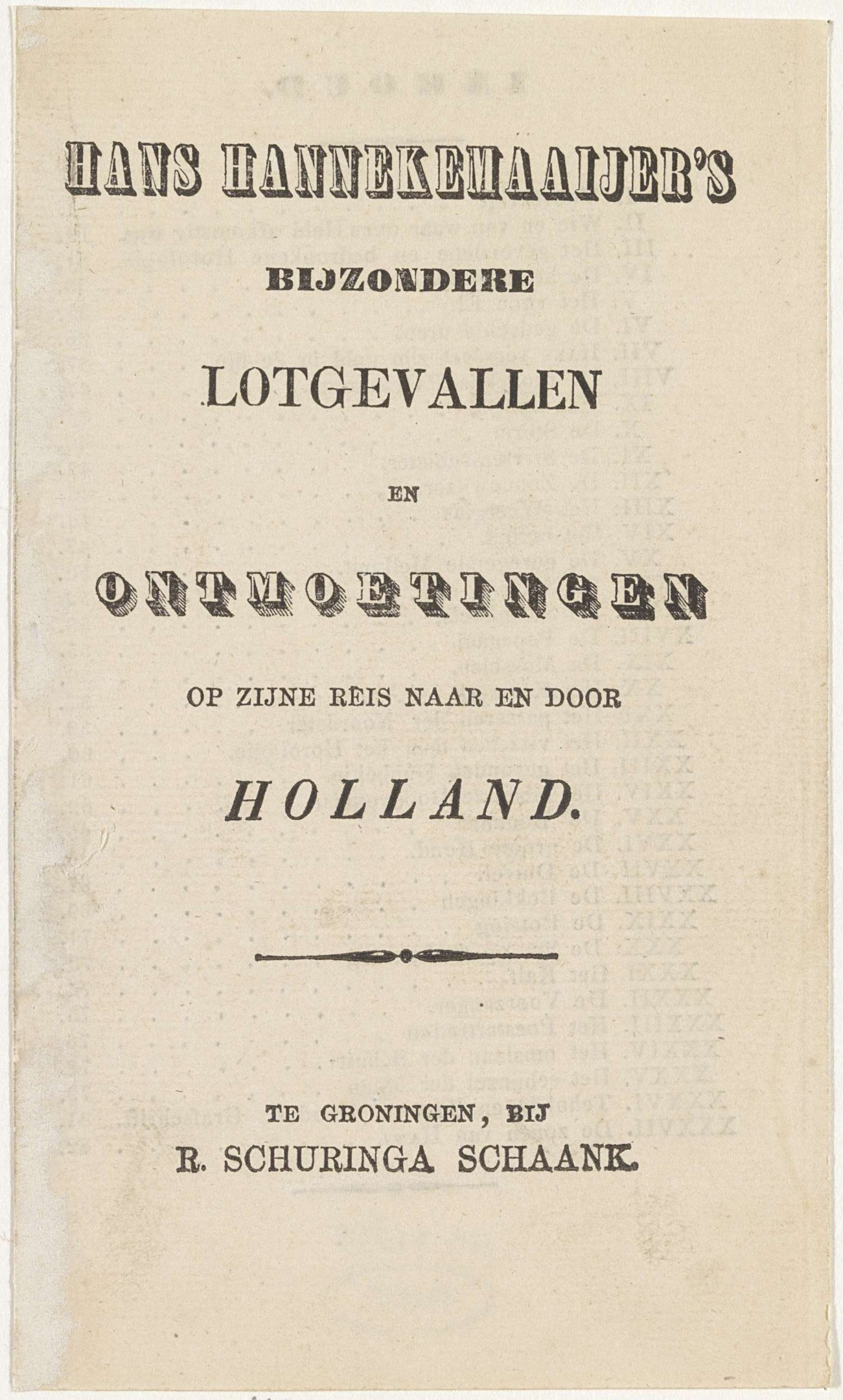 Black and white book cover featuring a man's face with the title "Hans Hannekemaajer's Bijzondere Lotgevallen en Ontmoettingen op zijn reis naar en door Holland".