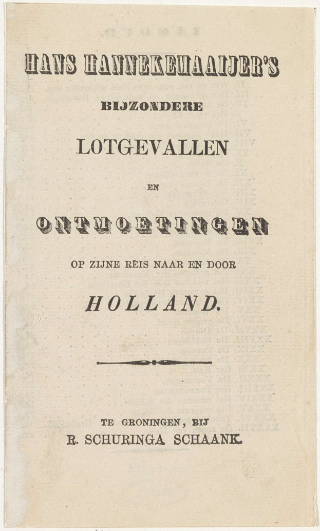 Black and white book cover featuring a man's face with the title "Hans Hannekemaajer's Bijzondere Lotgevallen en Ontmoettingen op zijn reis naar en door Holland".