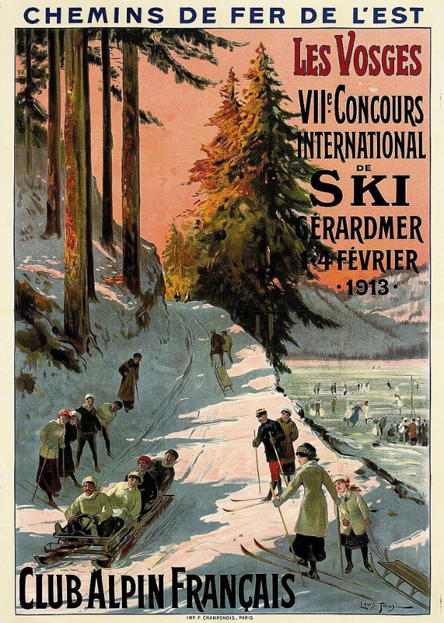 Plakat wirbt für ein Skigebiet in den französischen Alpen, das Skifahrer auf einer schneebedeckten Piste mit Bäumen im Hintergrund zeigt.