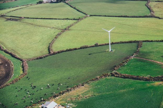 Luftaufnahme eines einzelnen Windrades in einer grünen Wiese mit Bäumen, Häusern und Tieren im Hintergrund, das sich in Irland befindet.