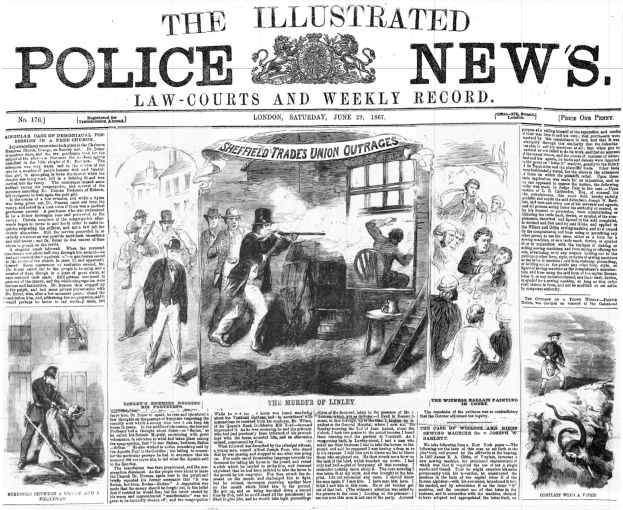 Schwarze und weiße Titelseite der Illustrated Police News von 1867 mit einer zentralen Illustration einer Gruppe von Menschen und dem Text "Police News" sowie einem Logo oben.