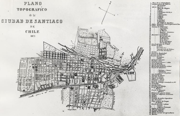 Ein detaillierter alter Stadtplan von Santiago, Chile, der Straßen, Gebäude, Sehenswürdigkeiten und Text enthält, der Informationen über die Bevölkerung, Sehenswürdigkeiten und Straßen der Stadt bereitstellt.