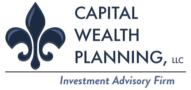 Logo der Capital Wealth Planning, LLC, einer Investmentberatungsfirma: ein blauer Kreis mit weißer Umrandung und einem "C" in der Mitte, umgeben von einem weißen Ring mit "Capital Wealth Planning" in blau und "Investment Advisory Firm" in weiß darunter.