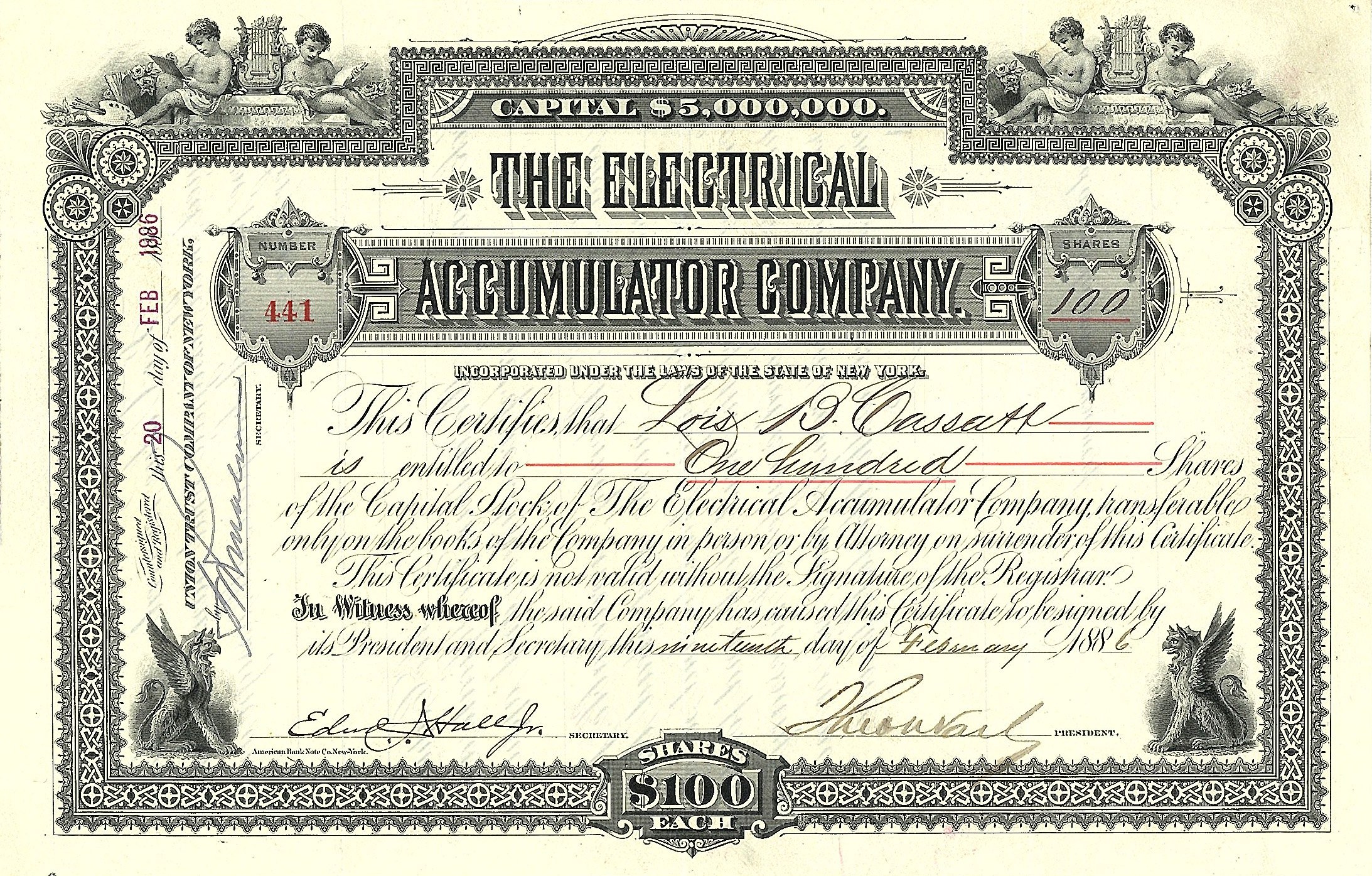 The Electrical Accumulator Company stock certificate with intricate designs, text, and numerical details.