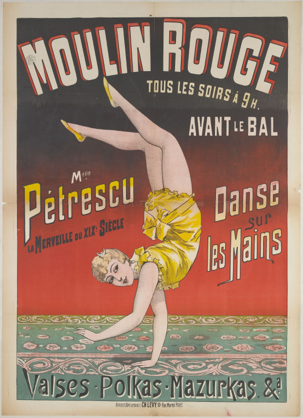 Plakat, das einen Moulin Rouge-Tanz in Paris ankündigt, mit einer Frau in einem roten Kleid und "Moulin Rouge" in weißer Schrift darüber.