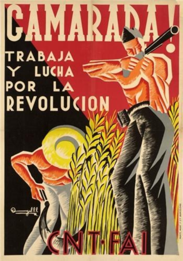 Spanischer Propagandaplakat für die kubanische Revolution mit zwei Figuren, einer mit einem Gewehr, und Text, der "Camarada, Trabaja y Lucha por la Revolución" fordert.