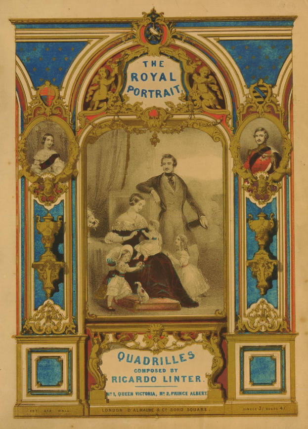 A poster titled "Royal Portrait" by Ricardo Linter, featuring a group of people in regal attire with crowns and robes, surrounded by bold text in a golden border against a royal blue background.