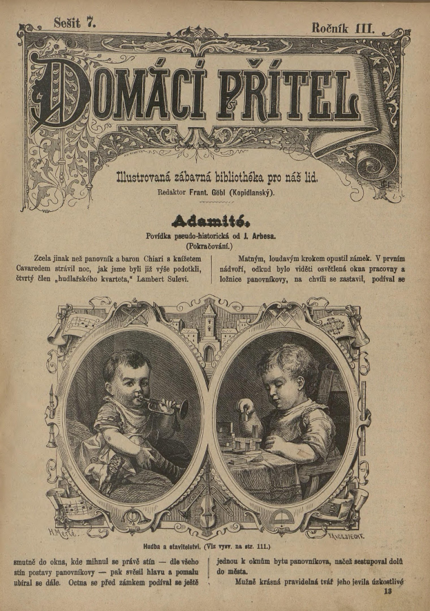 Ein aufgeschlagenes altes Buch mit einem Bild von zwei Kindern auf dem Cover, das Texte und Illustrationen der Kinder enthält.