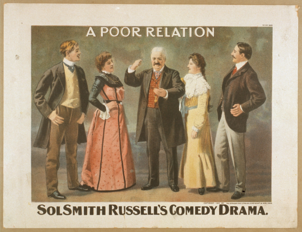 Plakat für "Sol Smith Russells Comedy Drama: Eine schlechte Beziehung" mit einer Gruppe von lässig gekleideten Menschen auf einem hellblauen Hintergrund.