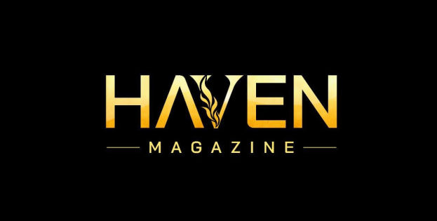 Das Logo von Haven Magazine auf einem schwarzen Hintergrund mit weißer Schrift, die von gelb umrandet ist, mit einer fett und modern gestalteten Schriftart.