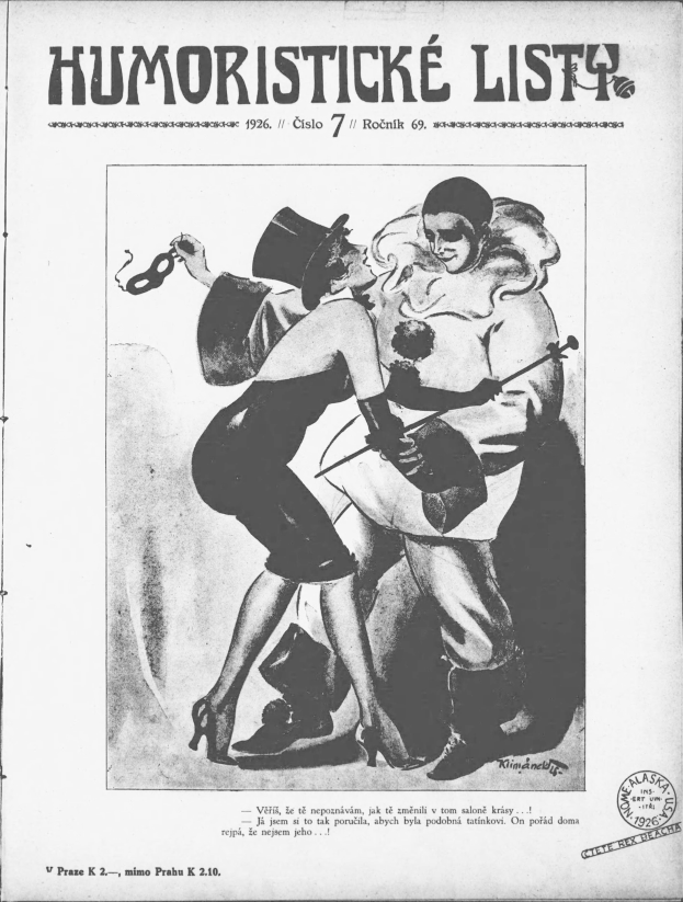 Schwarzes und weißes Poster aus dem Jahr 1926, das einen Mann mit Zylinder und eine Frau mit einem Musikinstrument zeigt, die zusammen tanzen, mit der Aufschrift "humoristische Liste" oben.