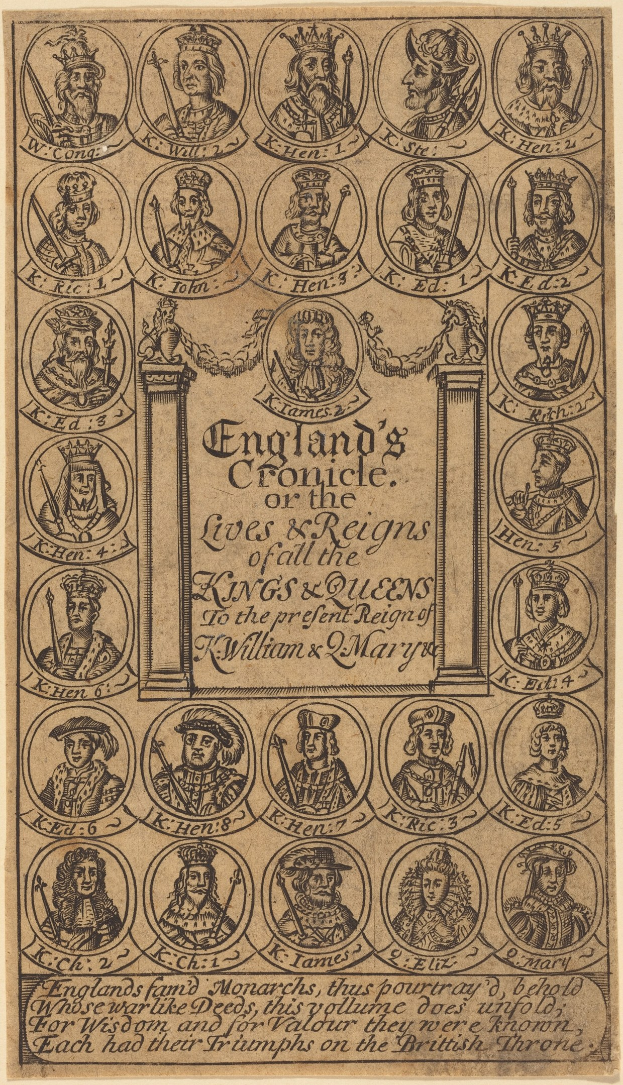 Ein Plakat mit dem Titel "Englands Chronik der Leben und Regentschaften des Königs und der Königin" mit einem tiefblauen Hintergrund, das Bilder von Menschen in königlicher Kleidung und dekorativen Text zeigt.