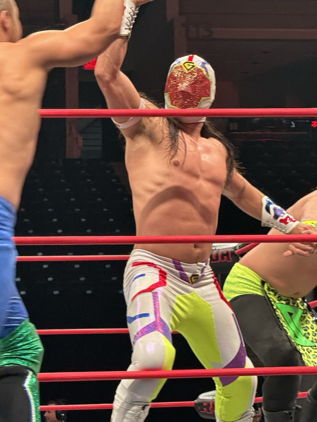 Zwei Wrestler in einem Ring mit ausgestreckten Armen, umgeben von roten Seilen, mit Zuschauern im Hintergrund; einer der Wrestler trägt eine Maske.