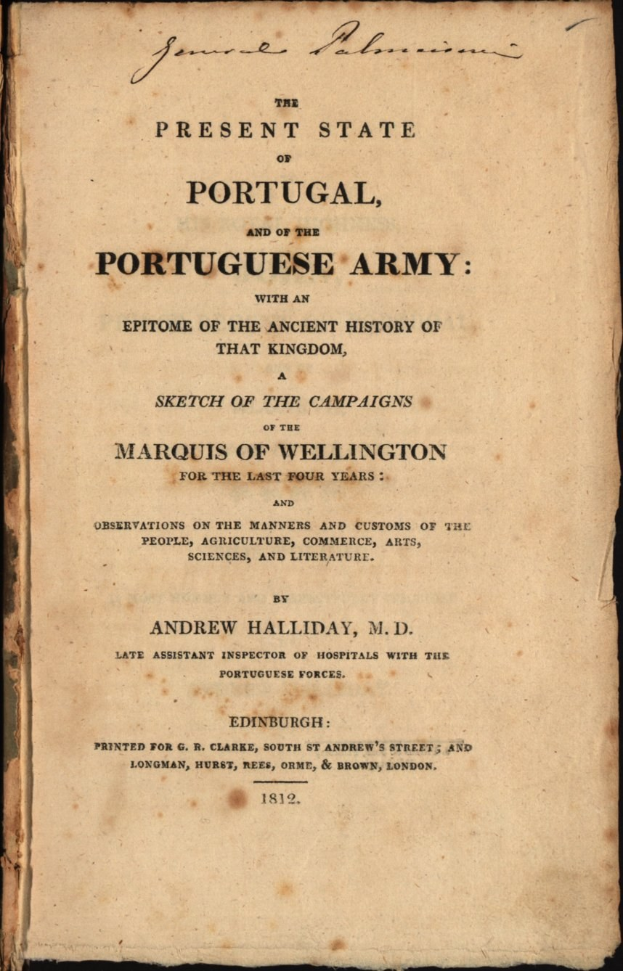 Altes Buch mit dem Titel "Der gegenwärtige Zustand Portugals und die portugiesische Armee" auf schwarzem Hintergrund.