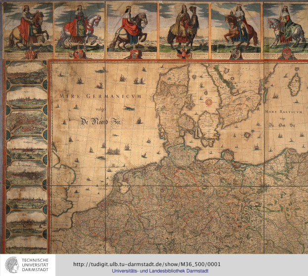 A detailed map of Germany with a group of people in traditional clothing riding horses in the background and text at the bottom.