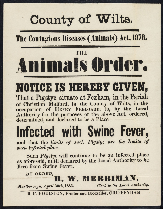 Plakat mit der Aufschrift "The County of Wilts, The Contagious Diseases Animals Act, 1878" Ankündigung einer Mitteilung über Schweinefieber.